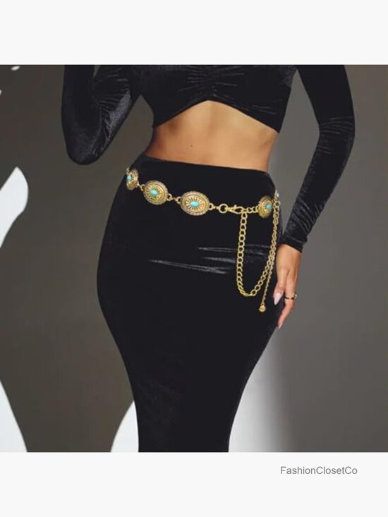 Metal Concho Chain Belt with Turquoise - Adjustable Waist Chain for Dress main image 4